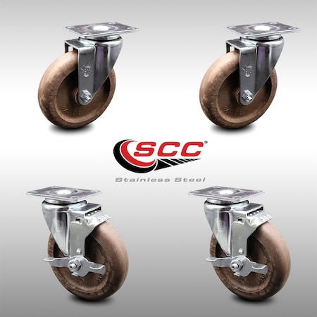 Service Caster 5 Inch SS High Temp Glass Filled Nylon Swivel Top Plate Caster Set with 2 Brakes SCC-SS20S514-GFNSHT-2-TLB-2